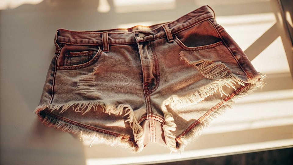 A stylish pair of DIY frayed jean shorts on a white background.