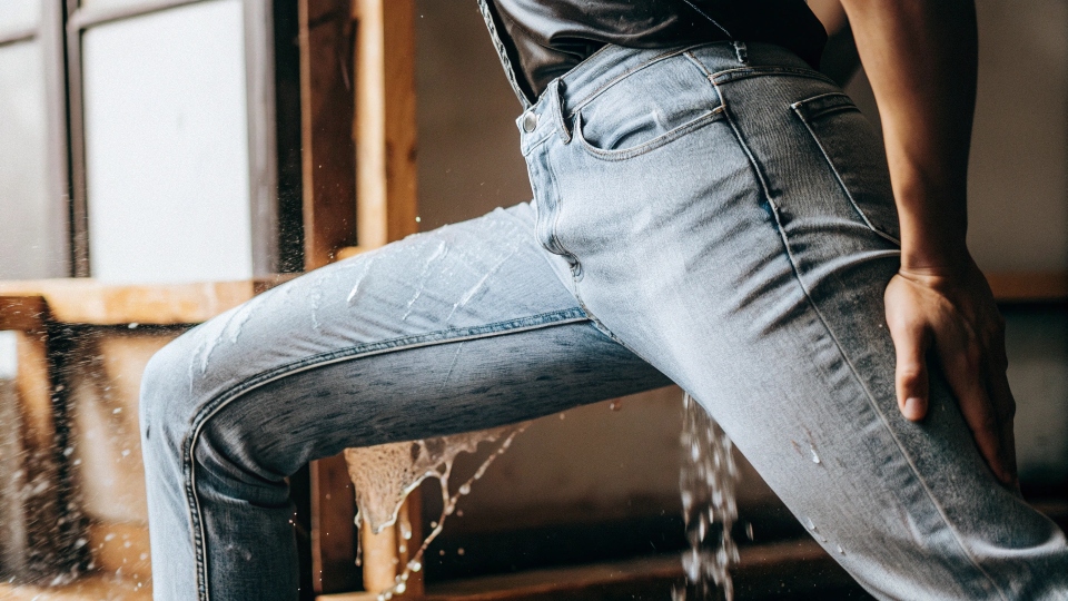 A person in damp jeans performing a lunge to stretch the thigh fabric.
