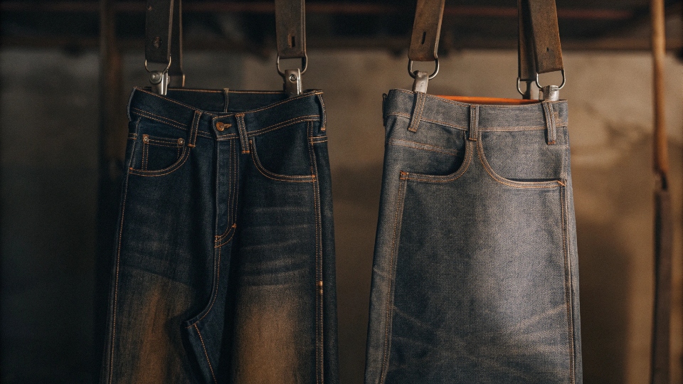 A pair of stiff, raw denim jeans hanging from a hook, holding their shape.