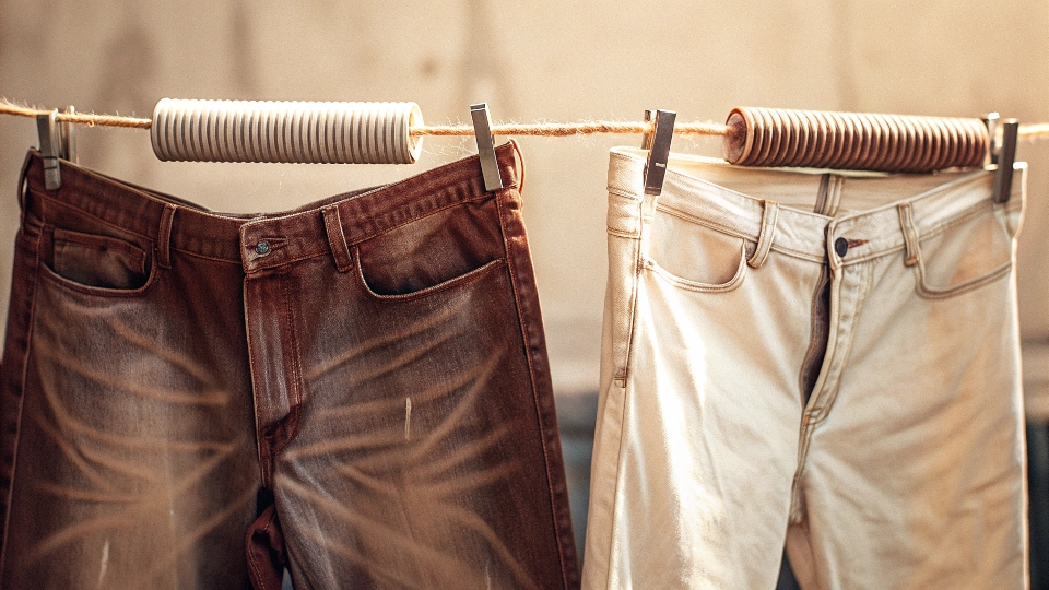 A pair of damp jeans hanging up with foam rollers inserted into the legs to stretch them.