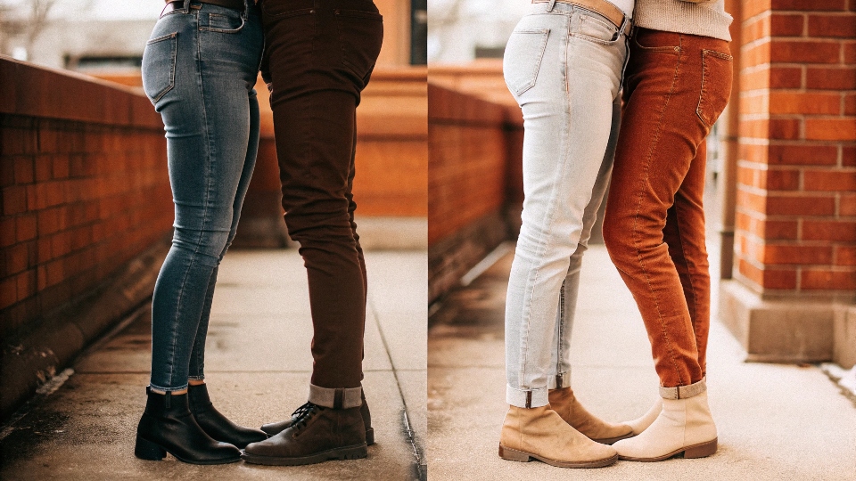 A split image showing the difference between dark skinny jeans and light-wash straight-leg jeans on the same person.