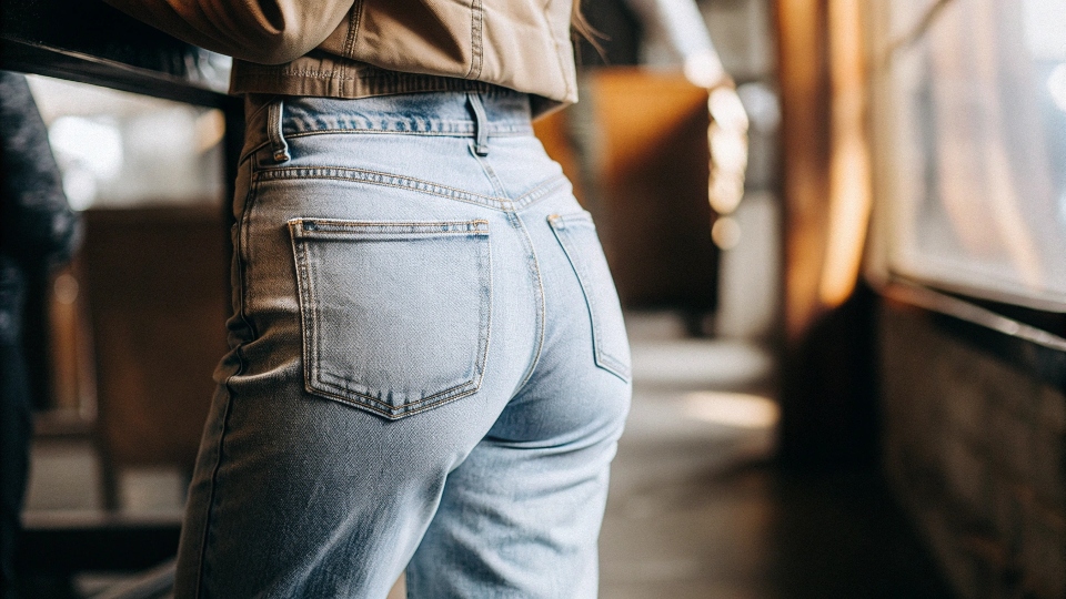 A close-up on the back of a pair of jeans that perfectly flatters the wearer's shape.