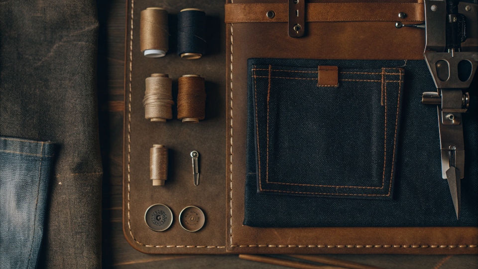 An organized workspace showing a jeans pattern, denim fabric, a heavy-duty sewing machine, and sewing notions.