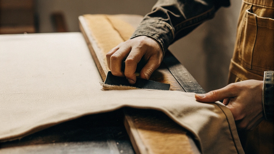A person's hand carefully using fine-grit sandpaper to distress the edge of a new jean hem.