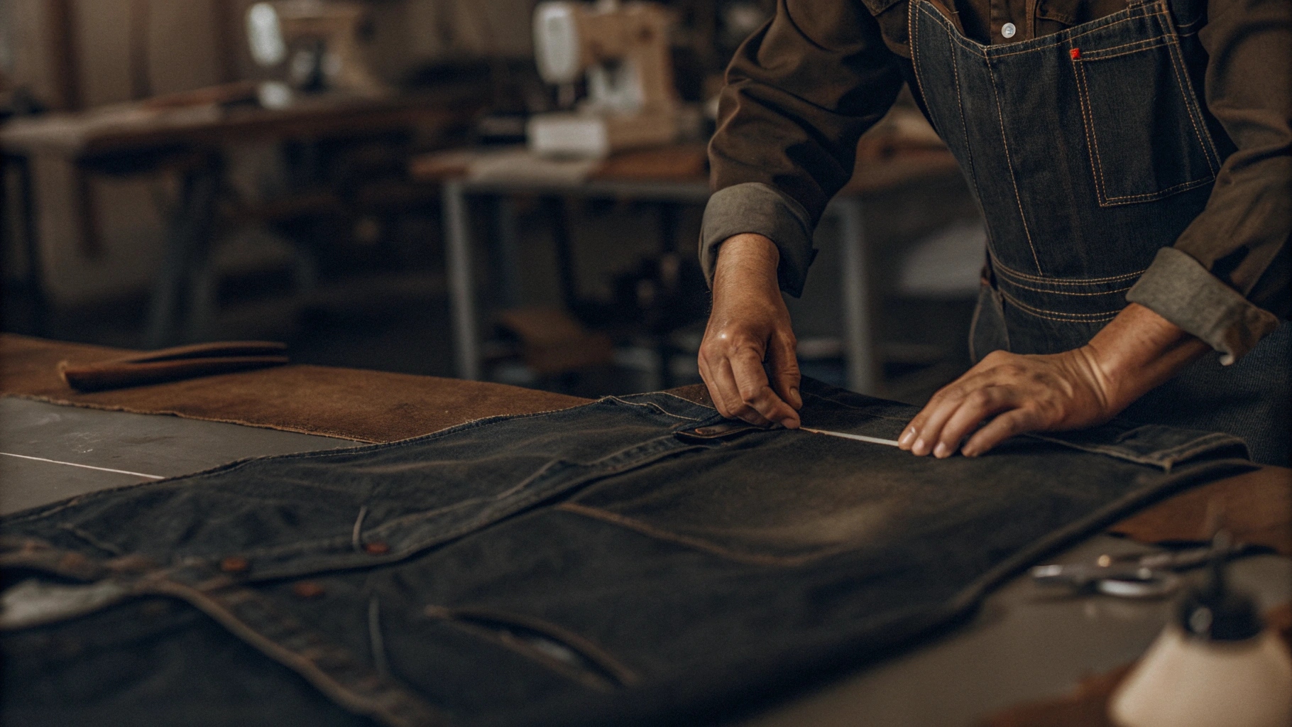 Tailoring a Jean Jacket a tailor using chalk to mark a denim jacket for alterations