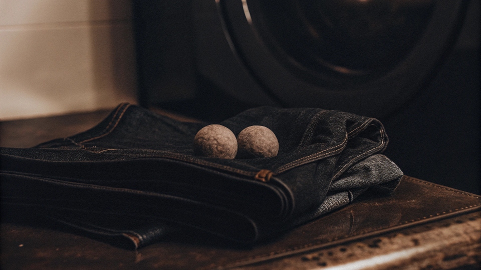 Wool dryer balls sitting on top of a pair of folded baggy jeans next to a washing machine.