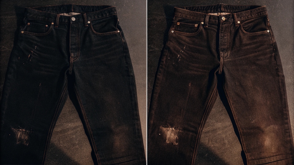 A side-by-side comparison of a faded pair of black jeans and a freshly restored, deep black pair.