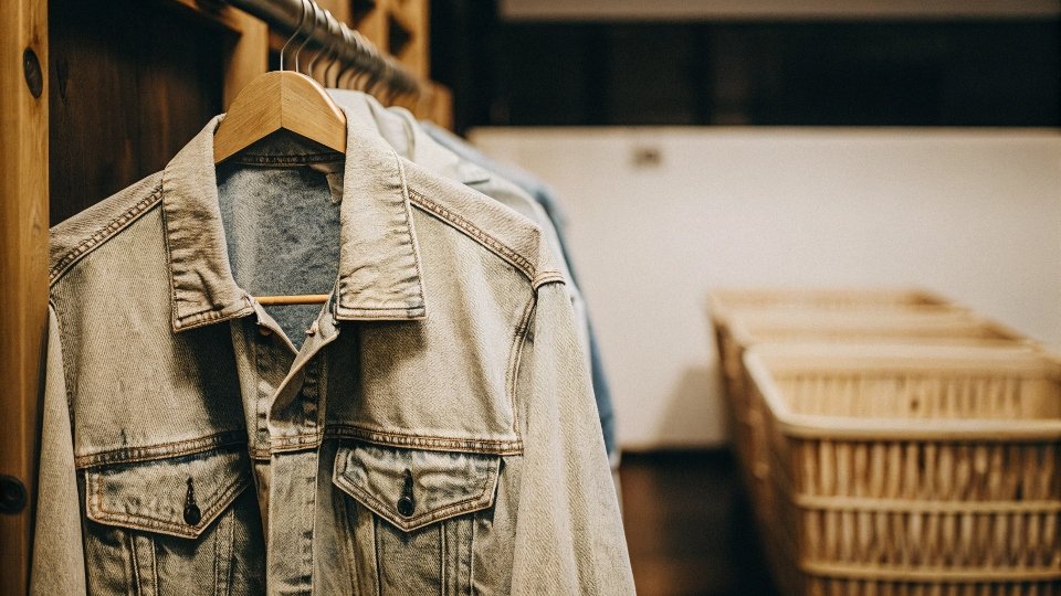 a denim jacket inside a clothes dryer with the door open
