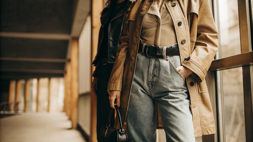 A fashionable outfit featuring oversized jeans paired with a fitted leather jacket and sleek accessories.