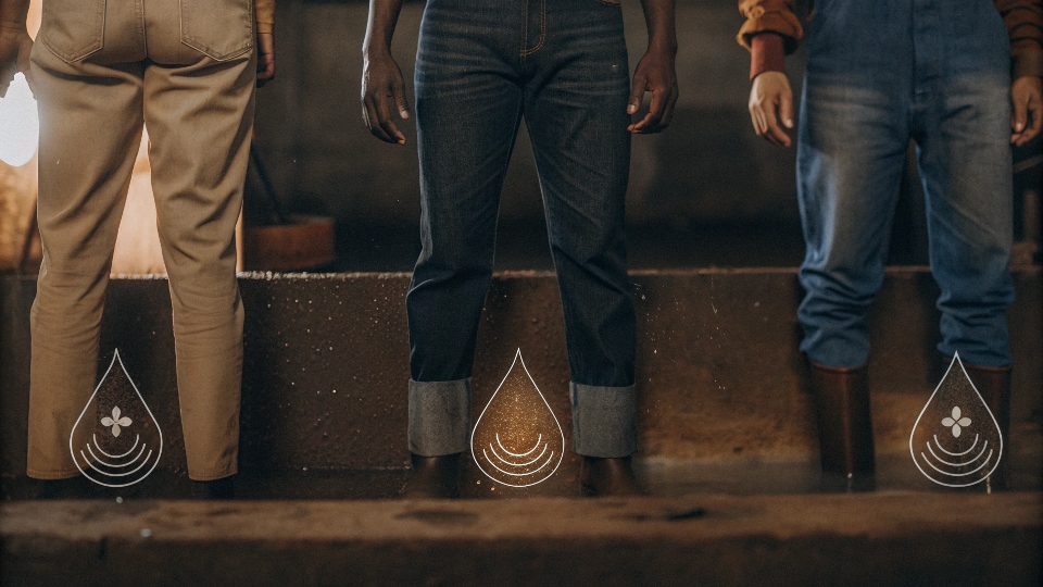 An animated graphic showing the high water consumption and chemical usage in traditional denim production.