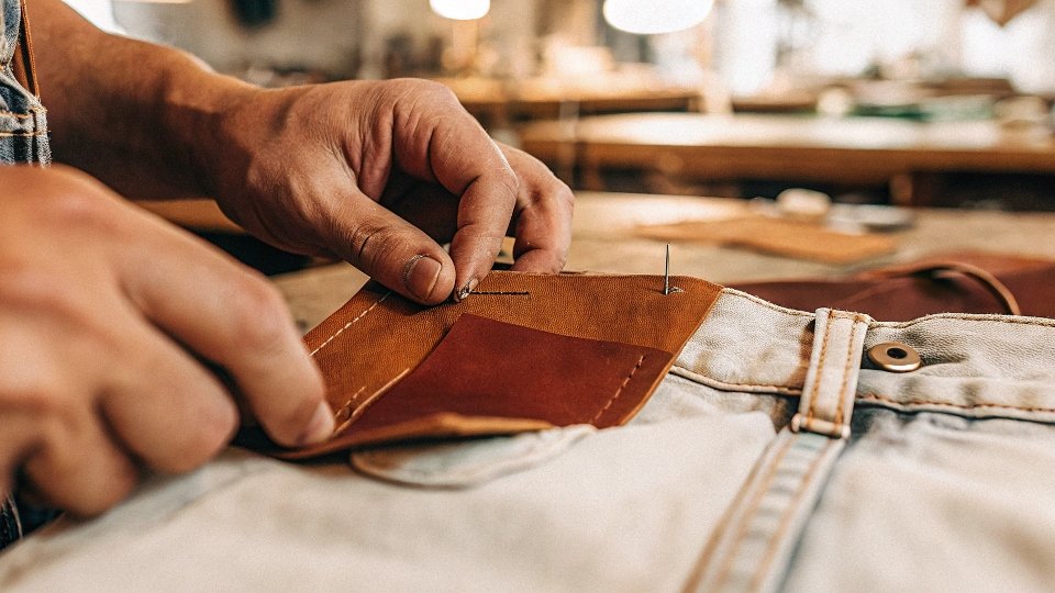 An artisan's hands carefully sewing a leather patch onto a pair of high-quality selvedge jeans in a US workshop.