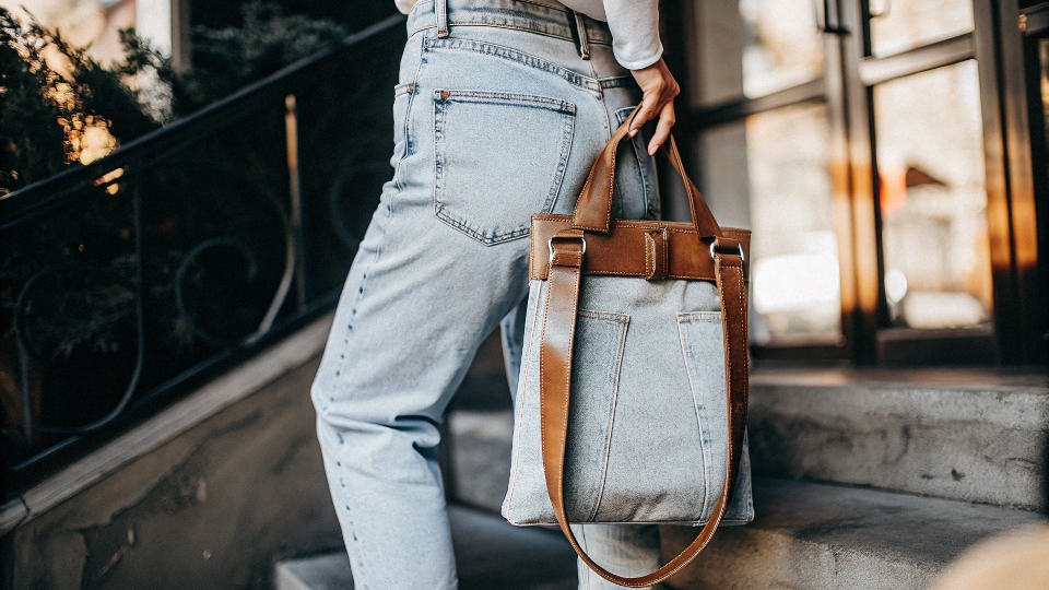Finished bag made from the top half of jeans with functional pockets showing.