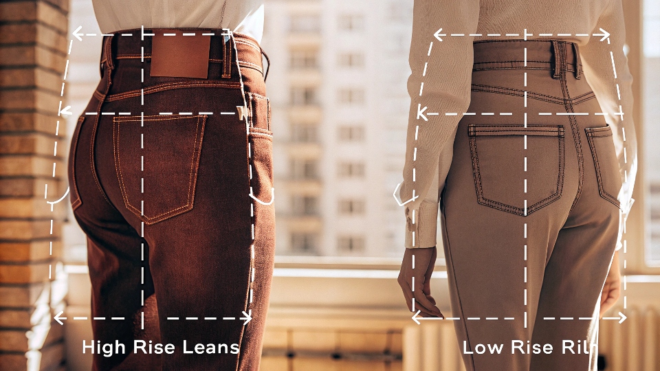 A diagram showing the difference in pattern and pocket placement between high-rise and low-rise jeans.