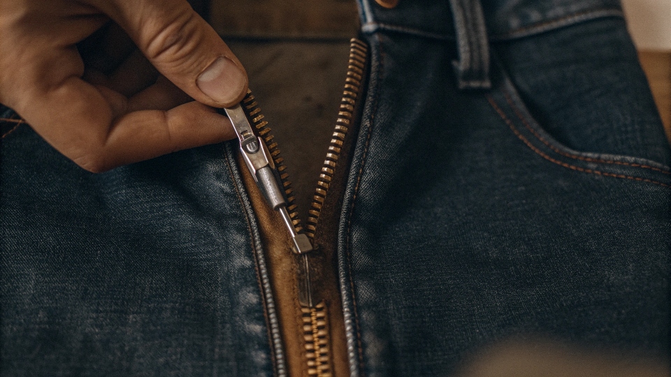 A close-up shot of a seam ripper carefully opening the inseam of a pair of jeans.