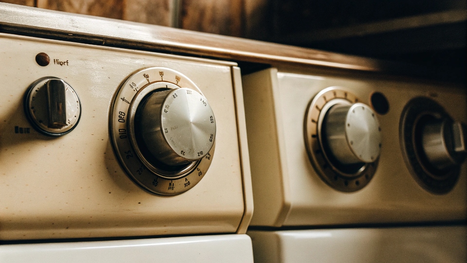 A washing machine dial set to hot and a dryer dial set to high heat.