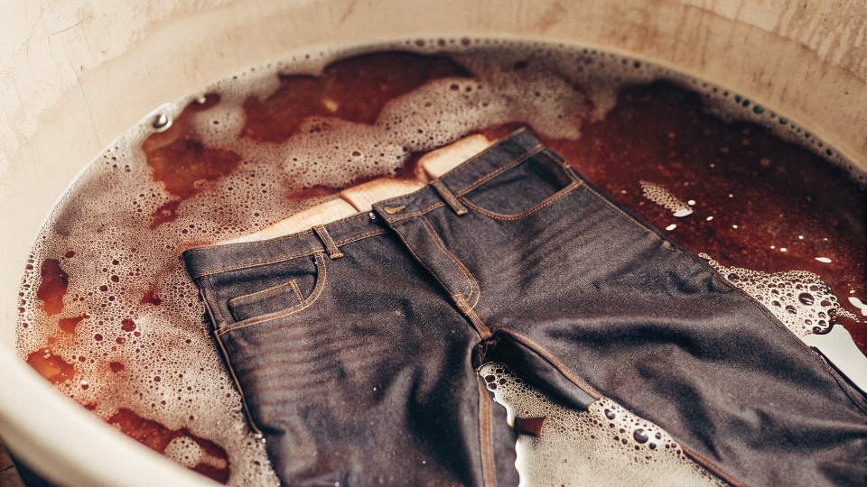 A pair of black jeans soaking in a bucket of dark coffee liquid.