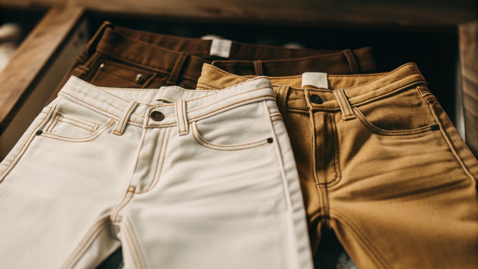 A pair of stylish Valabasas jeans with their signature stacked design, laid flat to showcase the "Made in USA" tag on the waistband.