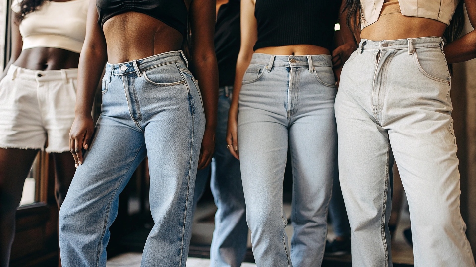A diverse group of people with different body shapes all stylishly wearing different cuts of low-rise jeans.