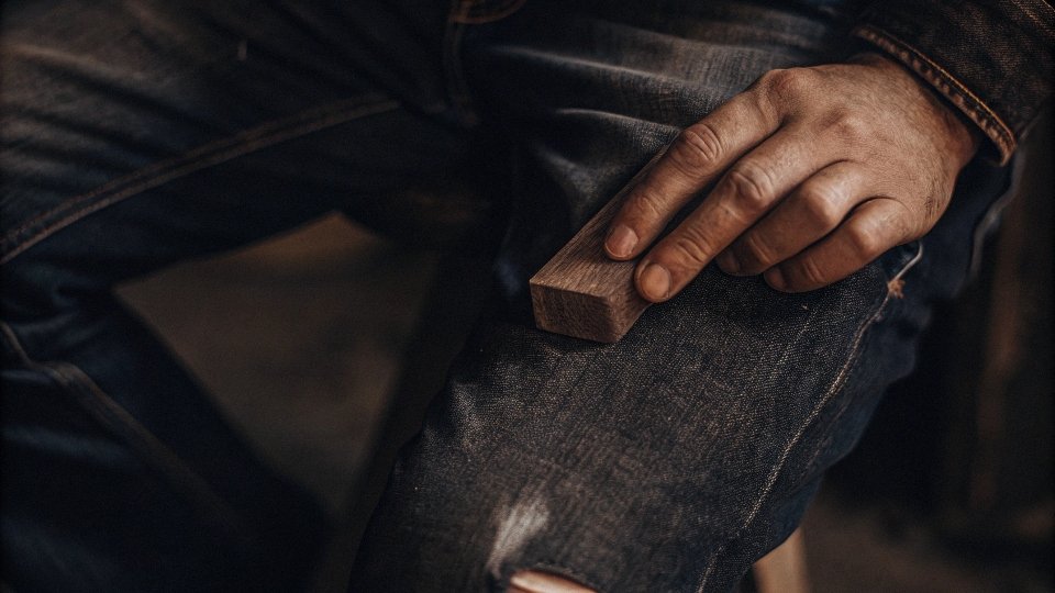 A hand holding a sanding block and rubbing it on the thigh of a jean short to create a distressed, worn-in look.