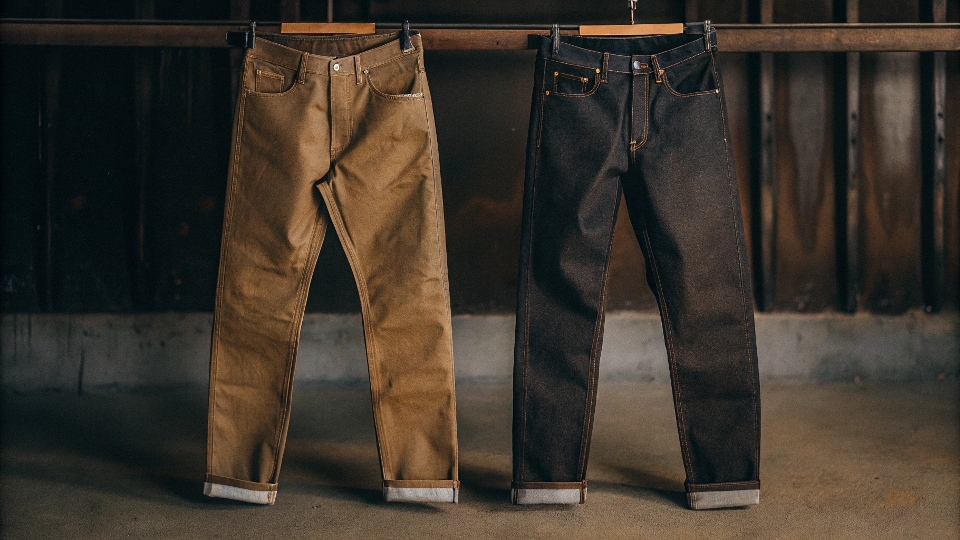 A pair of stiff, raw 100% cotton jeans standing up on their own, contrasted with a soft, draped pair of stretch jeans.