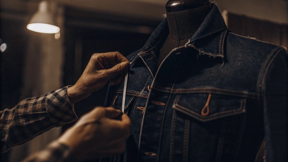 A tailor measuring a denim jacket for alterations on a mannequin.