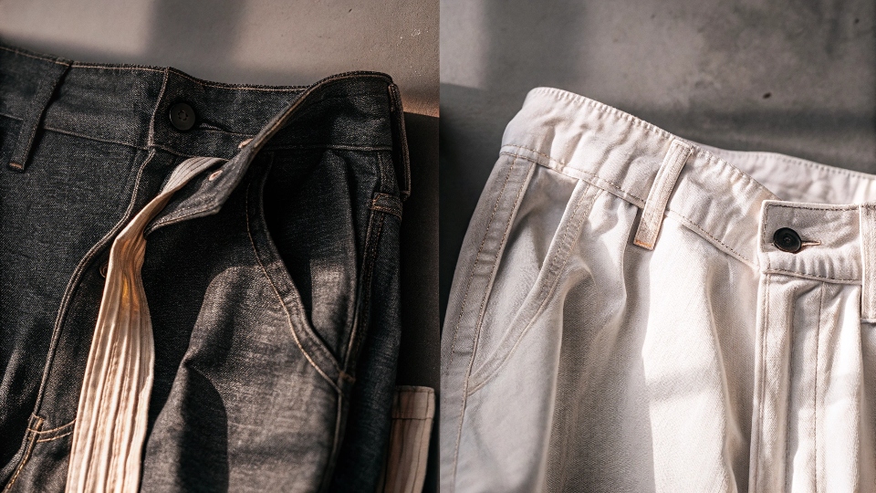 A picture comparing two fabrics side-by-side: a rugged piece of denim and a smooth, delicate piece of cotton poplin.