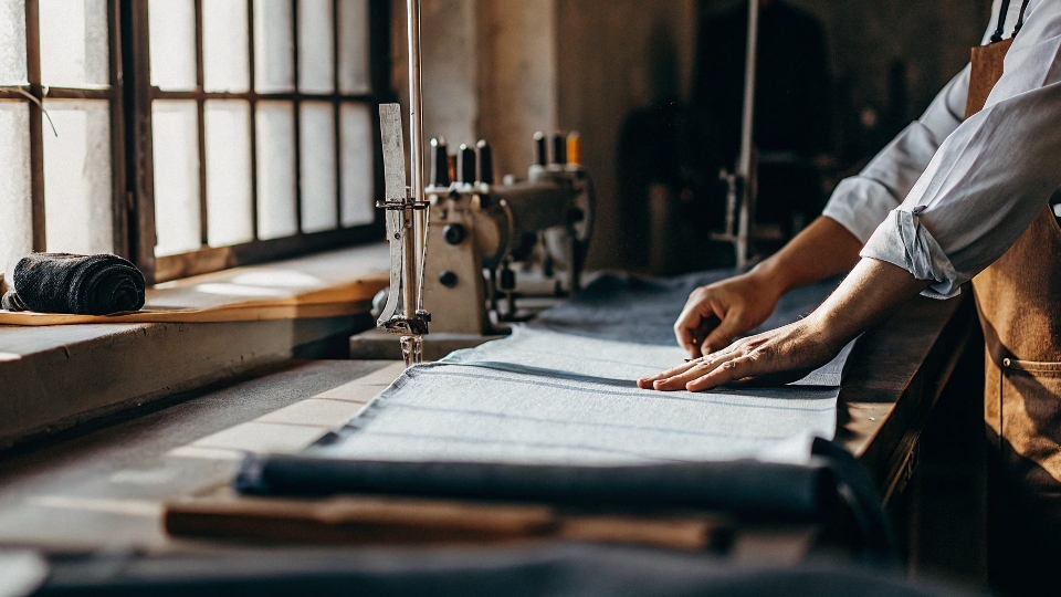 Artisan Denim Production in the USA A passionate artisan denim maker measuring and cutting fabric in a small, well-lit American workshop.