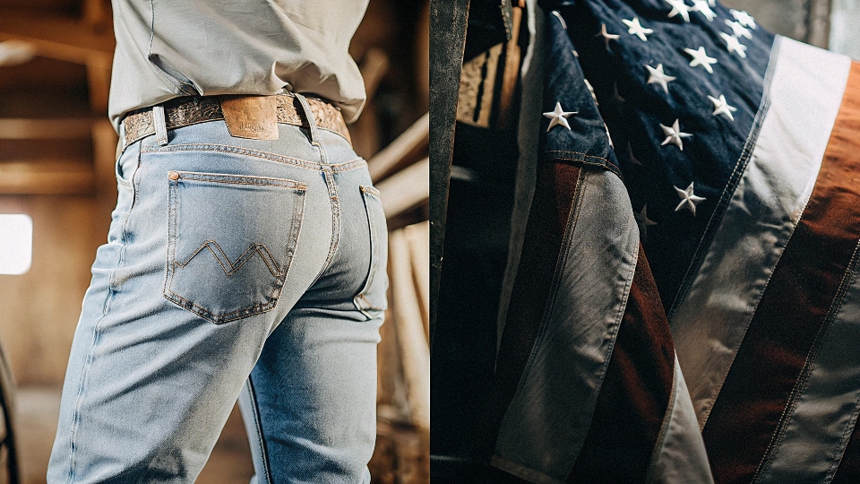 Wrangler Jeans' American Heritage and Manufacturing A split image showing the classic Wrangler "W" stitching on one side and an American flag on the other.