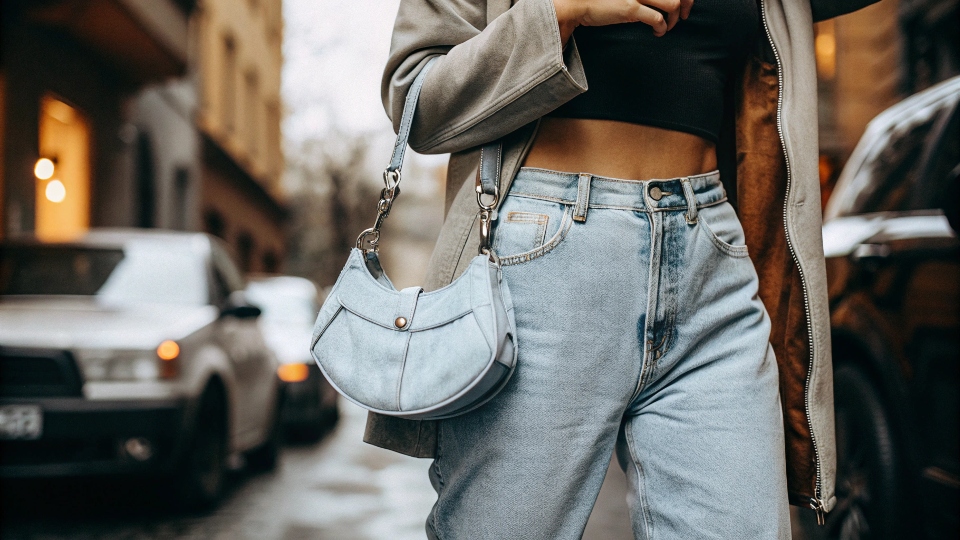A stylish influencer on a city street carrying a modern denim handbag, paired with a chic outfit.