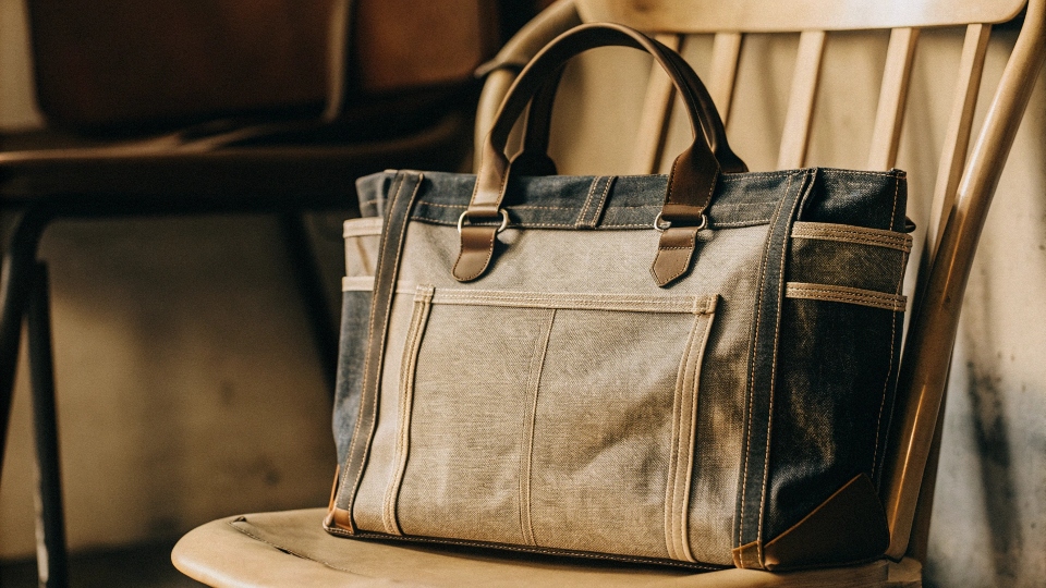 A very stylish and modern denim tote bag sitting on a chair, showcasing its sturdy construction and rich texture.