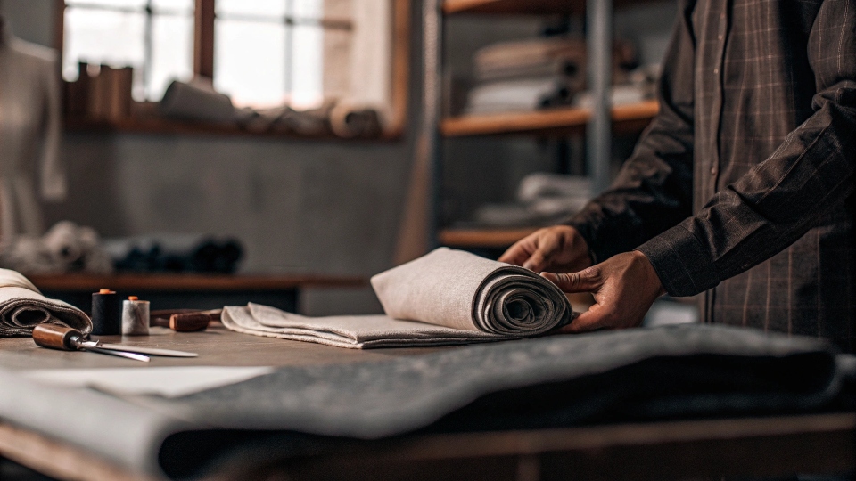 A home sewer holding two yards of fabric, planning a pair of pants.