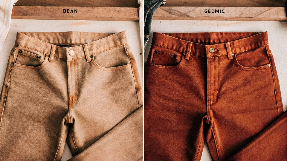 A side-by-side comparison of a premium branded jean and a generic, non-branded jean, highlighting quality differences.