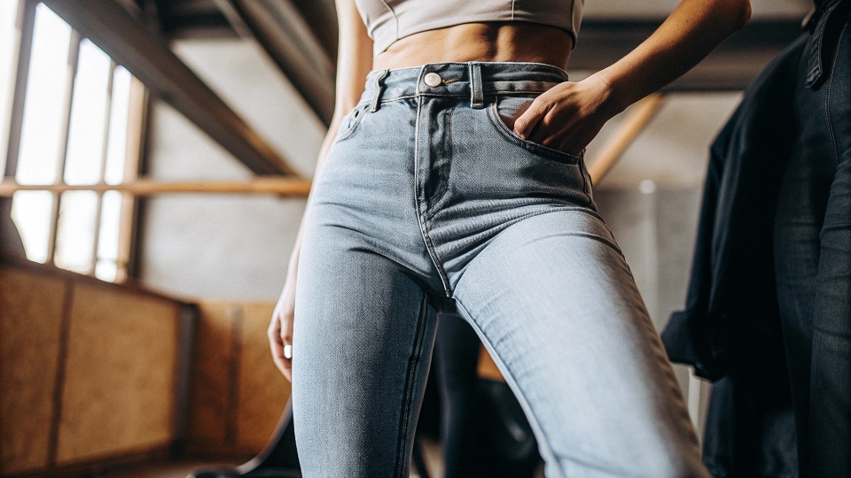 A stylish person confidently wearing a pair of modern low-waisted jeans, seen from the front.