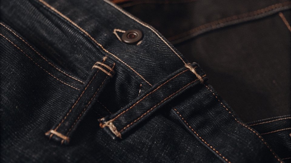 A close-up of a thick, 100% cotton non-stretch denim fabric weave.
