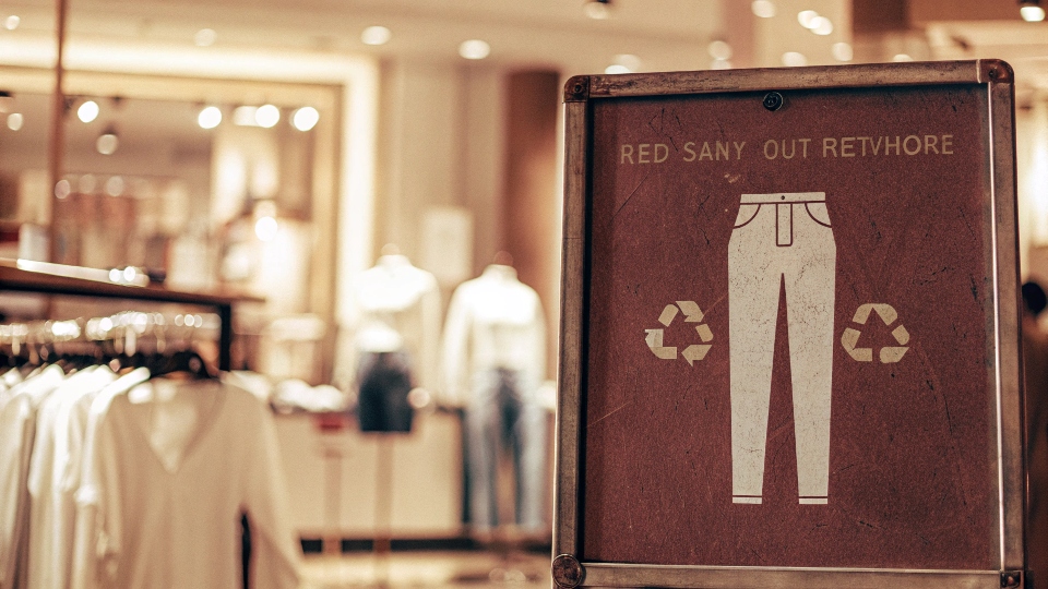 An in-store sign at a clothing retailer advertising their jean recycling program and customer discount.