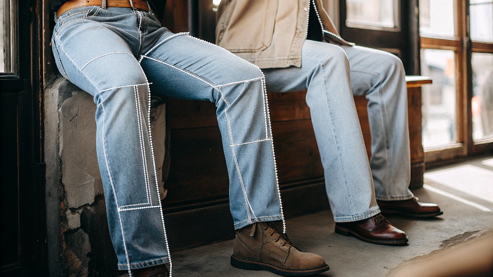 An overlay image showing the outline of a relaxed fit jean over a straight fit jean to highlight the difference in the top block.
