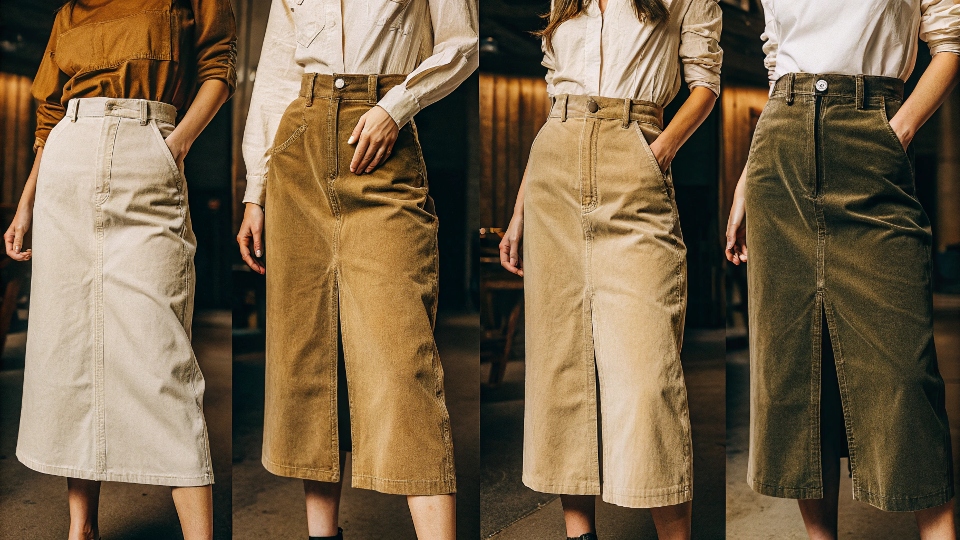 An array of different skirts made from denim, corduroy, and khaki pants.