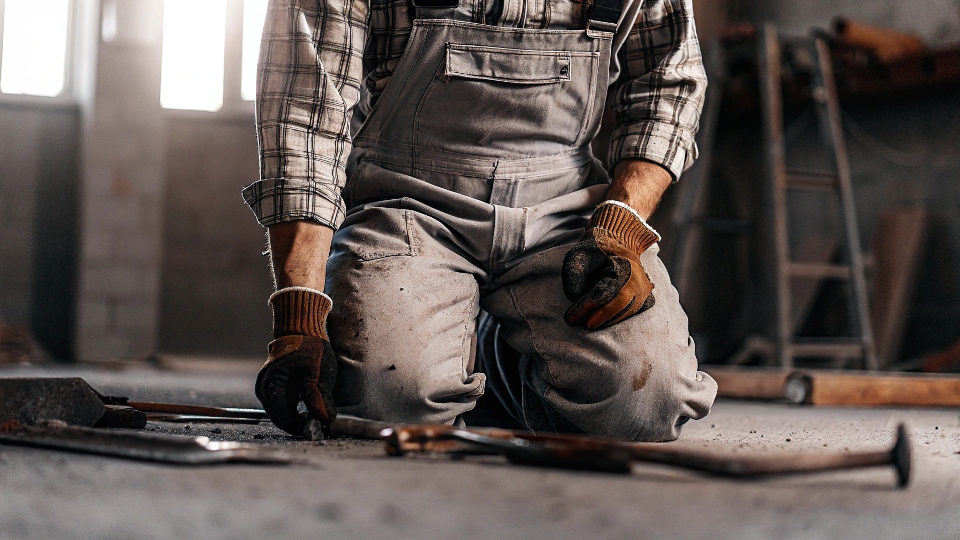 A construction worker wearing a worn but intact pair of KEY bib overalls, kneeling on the ground, showcasing the garment's durability.
