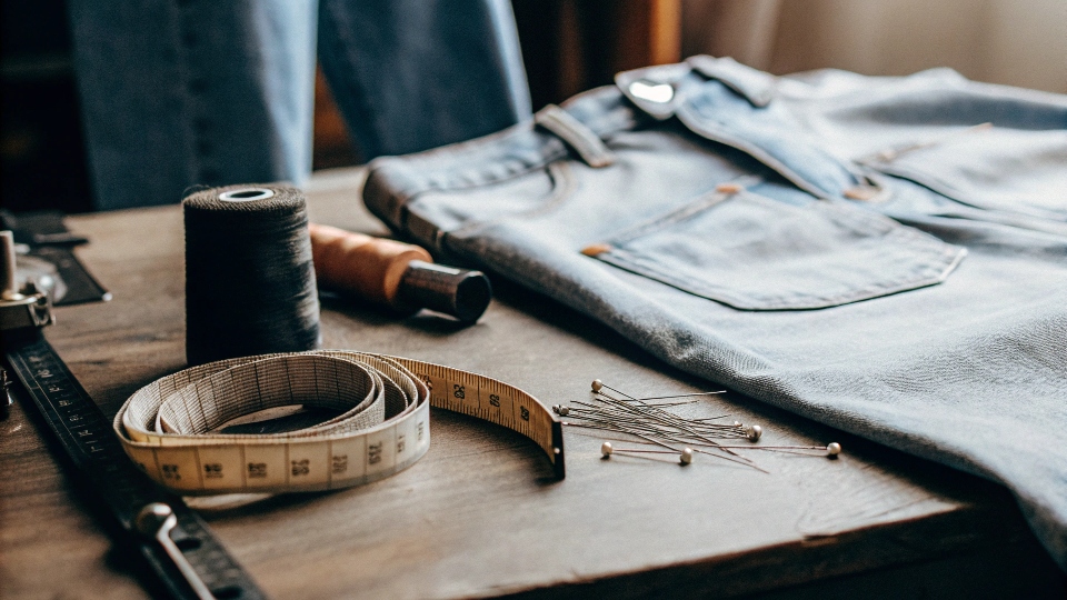 A tailor's workbench with jeans laid out, showing measuring tape, chalk, and pins.