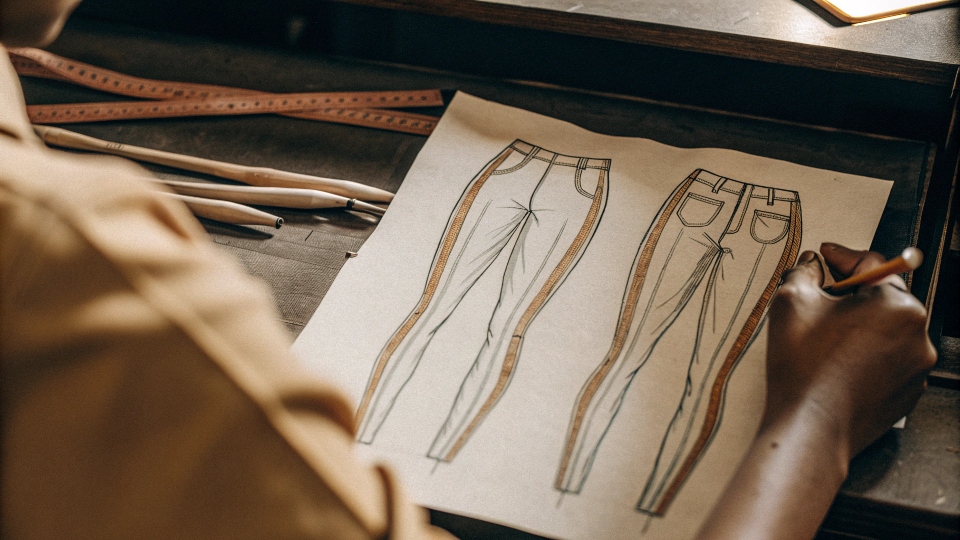 a fashion designer sketching a new jeans design on a piece of paper