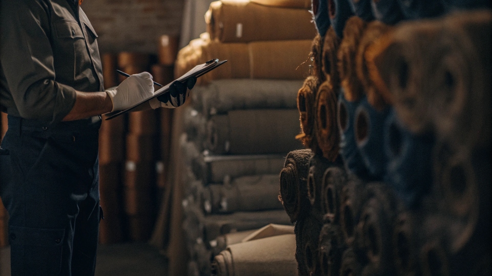 A customs officer inspecting rolls of fabric in a warehouse.