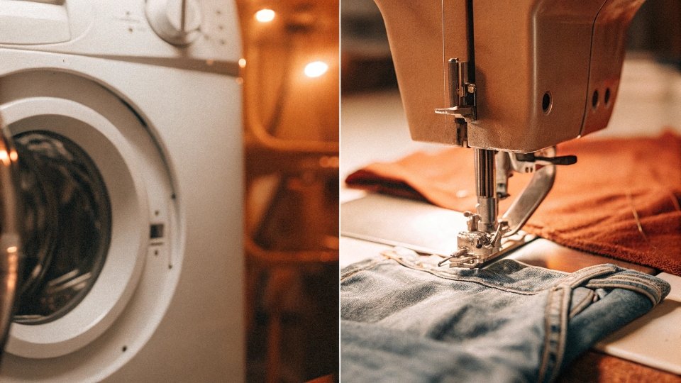 A split-screen image showing a washing machine on one side and a sewing machine on the other.