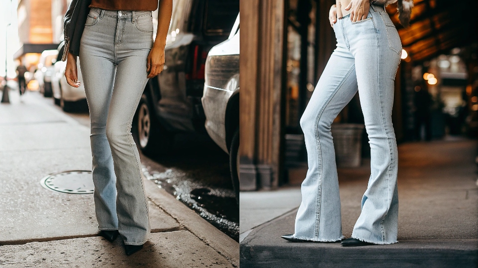 A side-by-side "before and after" image showing a pair of standard straight-leg jeans transformed into fashionable bell bottoms.