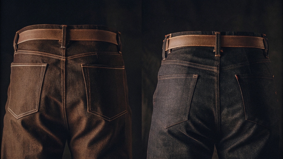 A before-and-after photo showing the back of a pair of jeans, first with a large waist gap and then with two neat darts sewn in for a perfect fit.