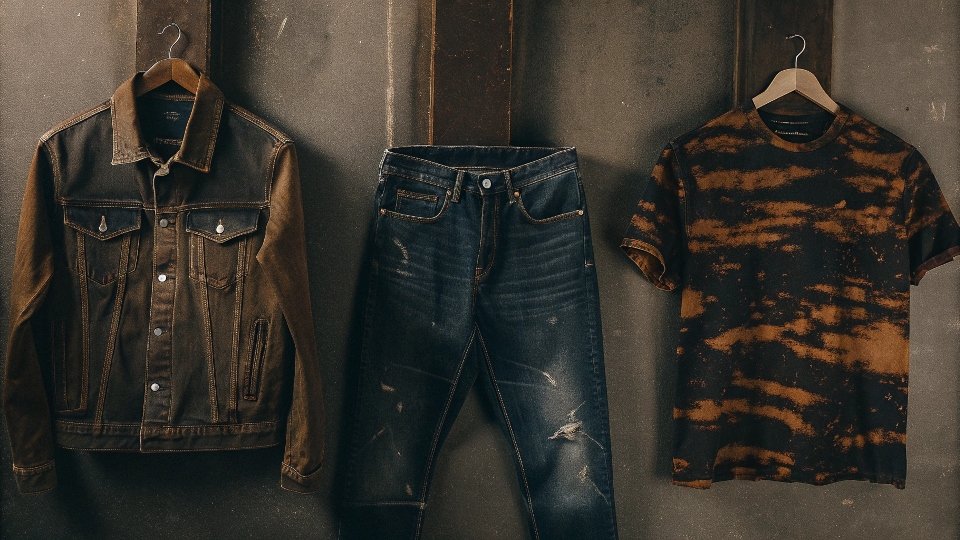 A collection of acid-washed clothing, including a denim jacket, blue jeans, and a black t-shirt that now has an orange and black pattern.