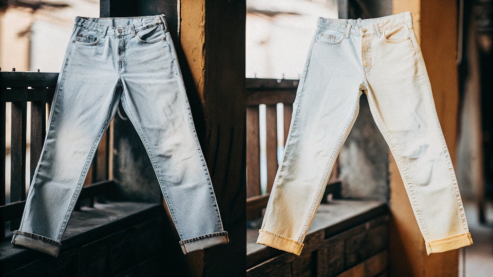 A split image showing blue jeans on one side and the resulting yellowish-white bleached jeans on the other.