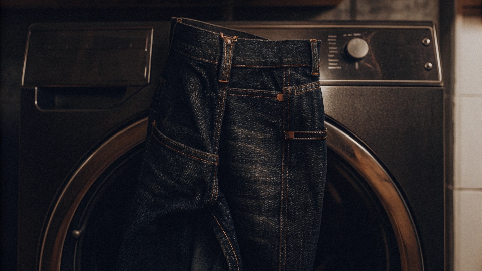 A pair of jeans being placed into a washing machine, with a temperature icon indicating high heat.