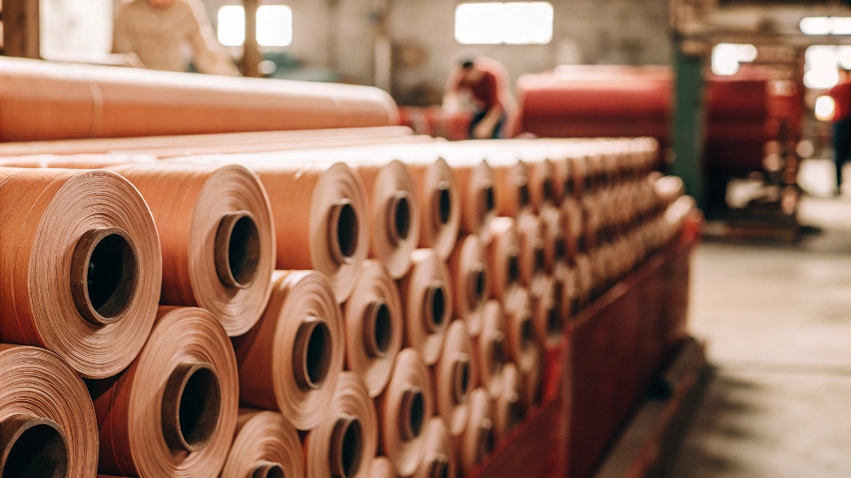 Rolls of high-quality denim fabric in a Chinese textile mill