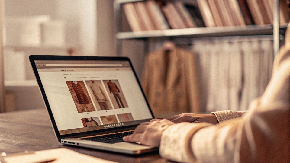 Finding a Jeans Factory Online A person on a laptop searching a B2B sourcing website for denim factories