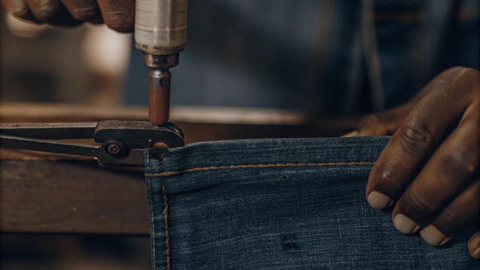 A close-up of a person applying a bead of strong fabric glue along the edge of a piece of denim, with clips ready to hold it.